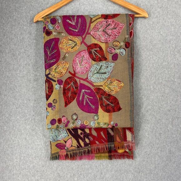 Embroidered Colorful Red Leaf / Floral  Wool? Scarf Shawl Wrap Stole 76" Long - Picture 5 of 14